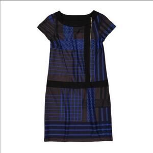 NWT Blue and Brown window pane short sleeve midi shift Dress size 10 Ellen Tracy
